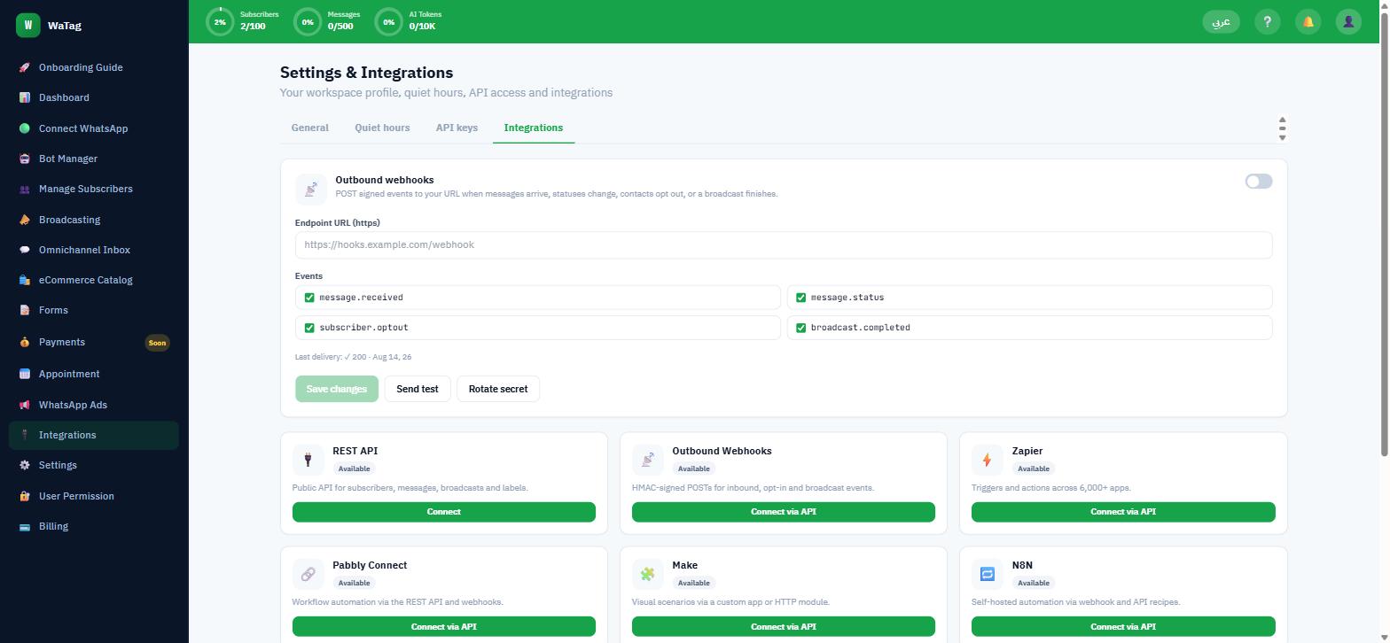 WaTag settings and integrations